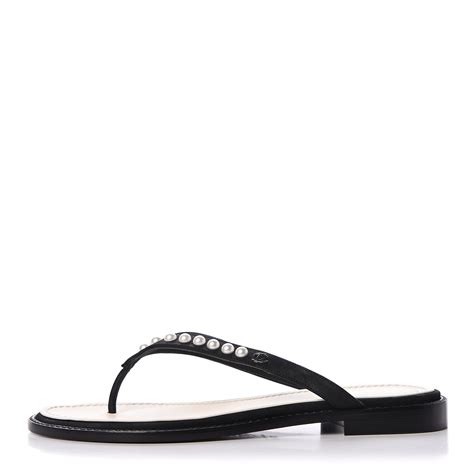 chanel pearl thong flat shoes black|Chanel suede sandals.